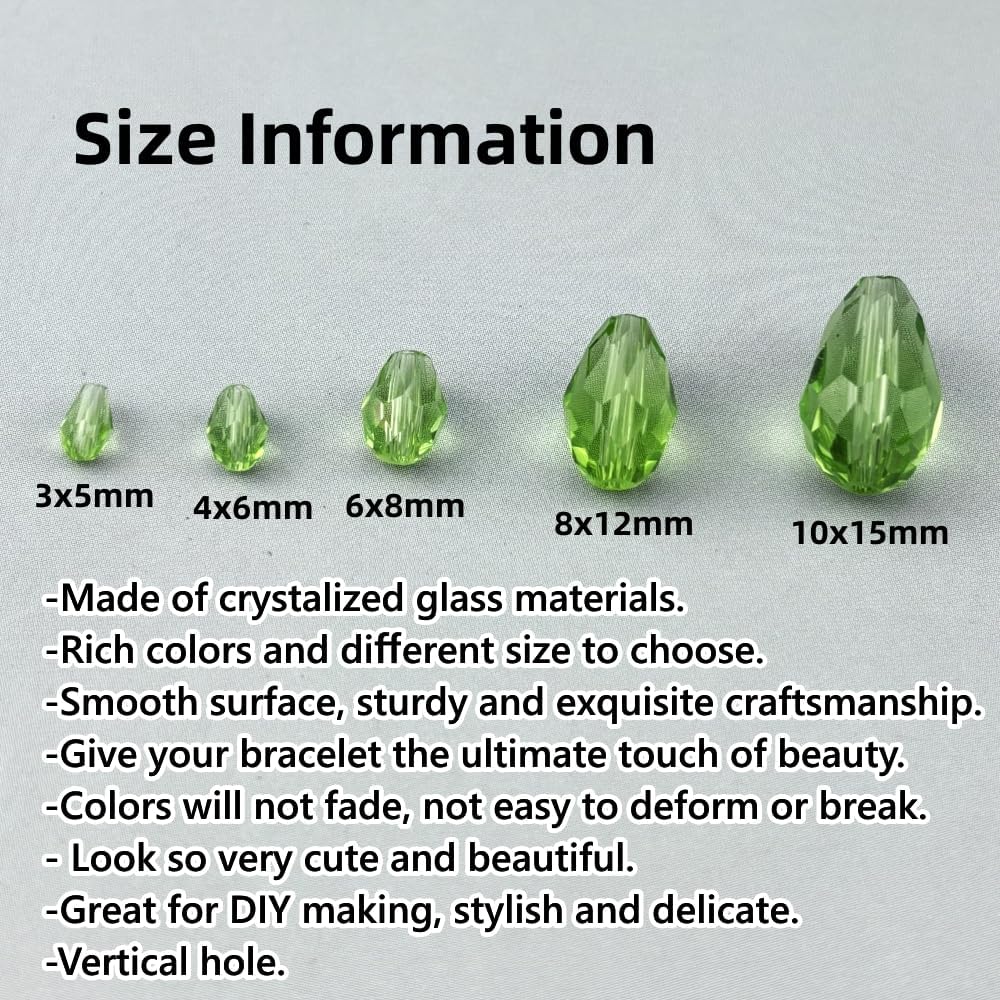 50pcs 10x15mm Teardrop Crystal Glass Beads for Jewelry Making, Faceted Vertical Hole Teardrop Glass Spacer Beads for Wind Chimes Bracelet Earring Necklace DIY Craft(Light Green)