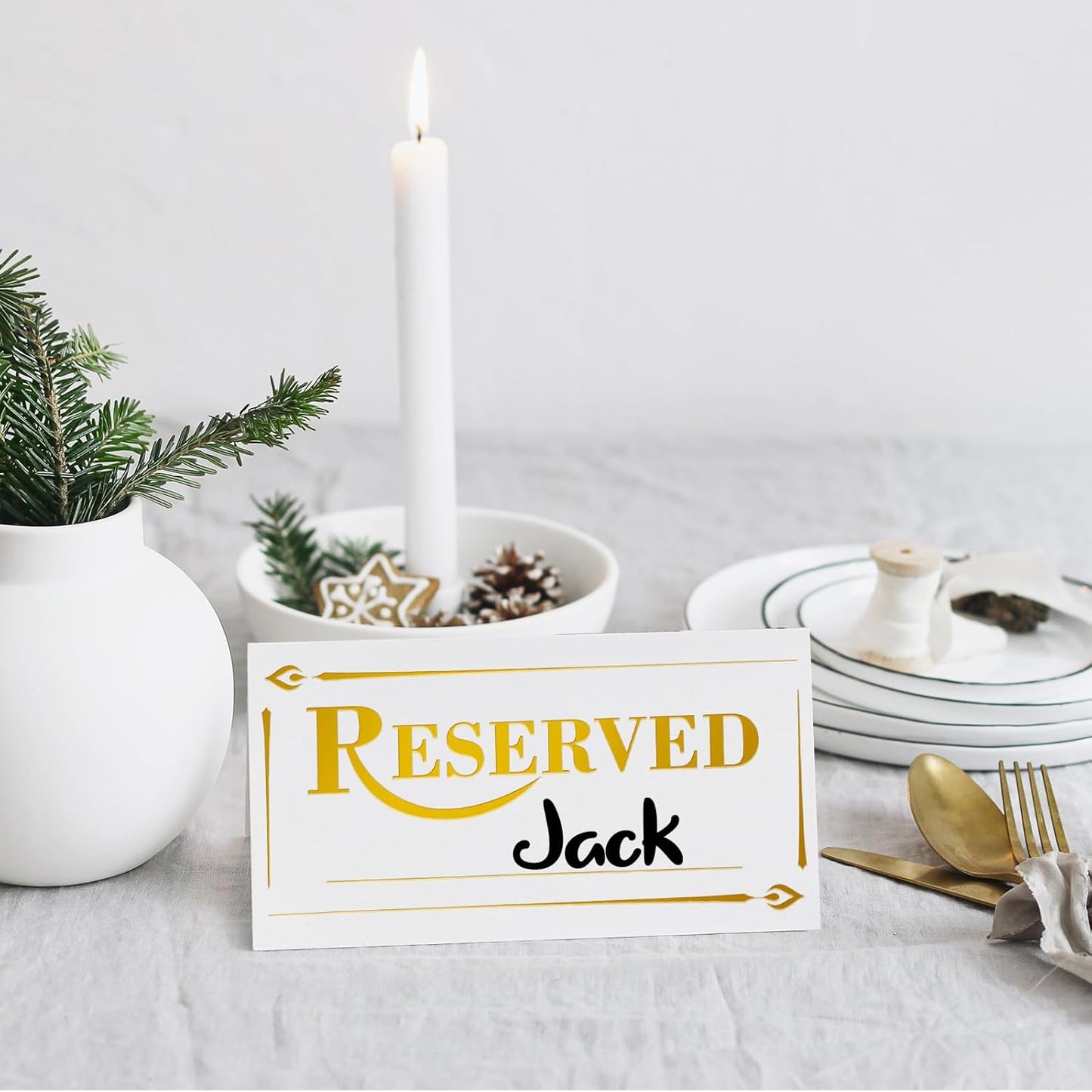 300 Pcs Paper Table Reserved Sign with Name Line Reserved Seating Signs Bulk Double Sided Signs for Reserving Seats Restaurant Wedding Reception Church Board Business Meeting (White Gold)