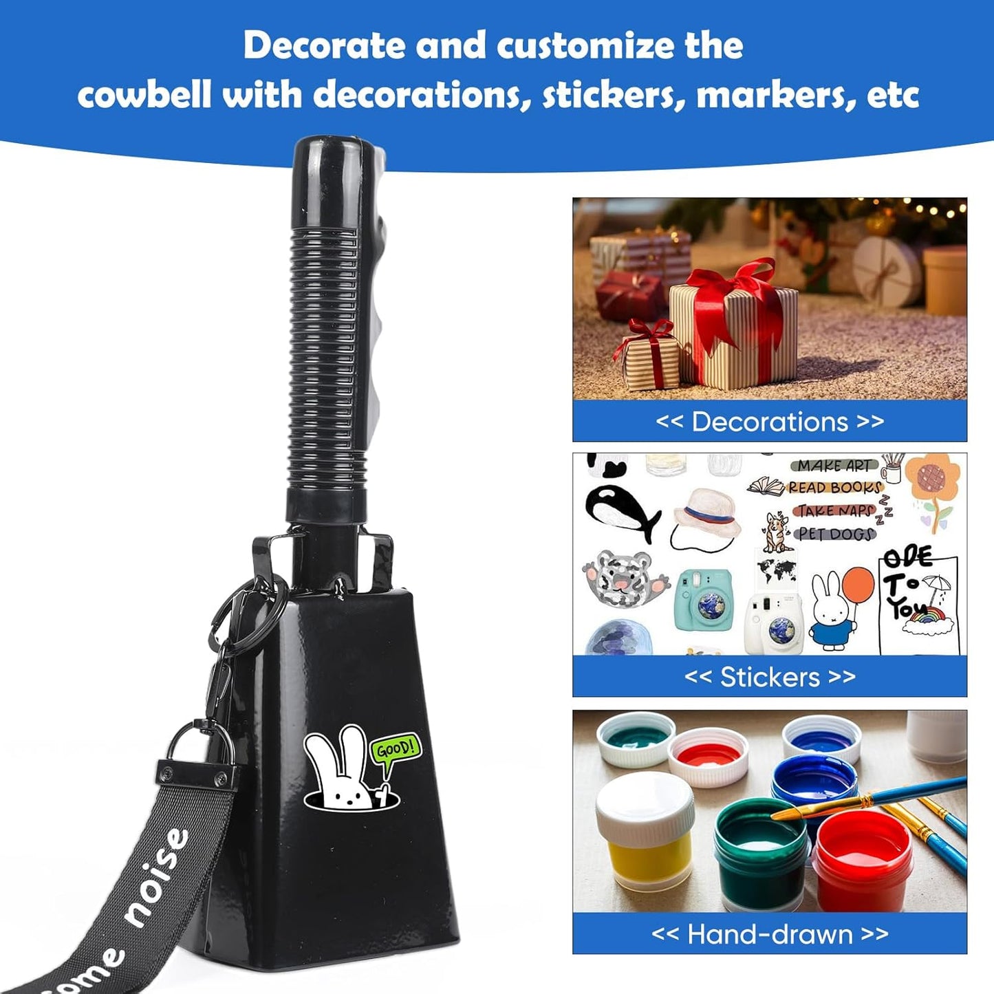 Cow Bells Noise Makers with Handle: Cowbells Hand Percussion for Sporting Events with Wrist Strap - 2pcs 8 Inch Large Loud Cheering Bell for Football Games Graduation (Black)