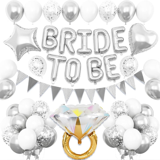 Silver Bachelorette Party Decorations, Silver Bride To Be Bridal Shower Balloons Decorations, Metallic White Balloon with Diamond Ring Star Heart Balloon for Bachelorette Engagement Wedding
