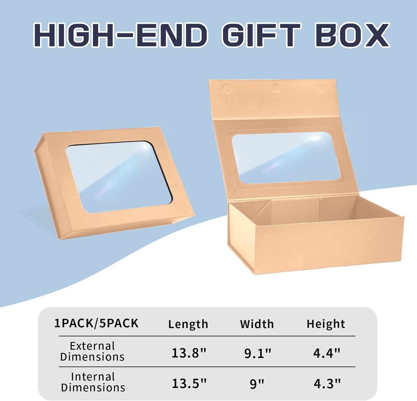 TIACABO Rose Gold Large Gift Box with Window, 13.5"x9"x4.3" Bridesmaid Boxe for Gifts Giving,Birthday Gift Boxes with Magnetic,Closure Lid Gifts Box for Presents,Cute Boxe,Luxury for Gift Packaging