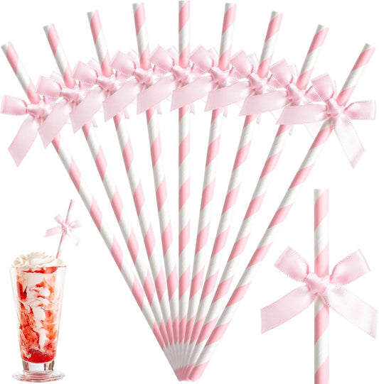 50 Pcs Pink Paper Straws for Drinking, Bow Disposable Striped Paper Straws Bulk Pink Theme Birthday Party Supplies for Wedding Cake Decorations Bachelorette Baby Shower