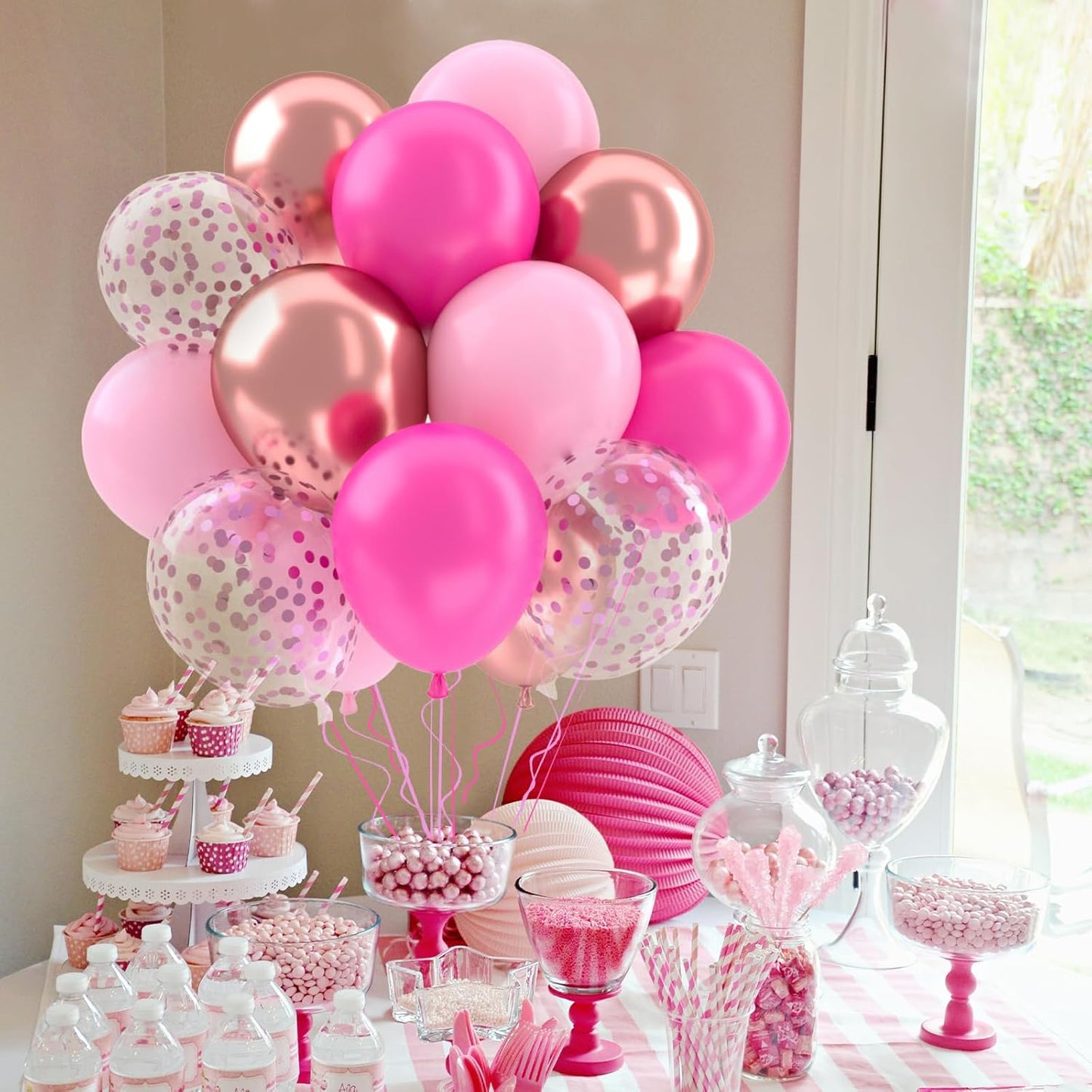 Patimate Hot Pink Balloons Set, 50 pcs 12 inch Metallic Rose Gold Hot Pink Pastel Pink Purple Confetti Latex Balloons Kit for Birthday Baby Shower Wedding Princess Party Decorations