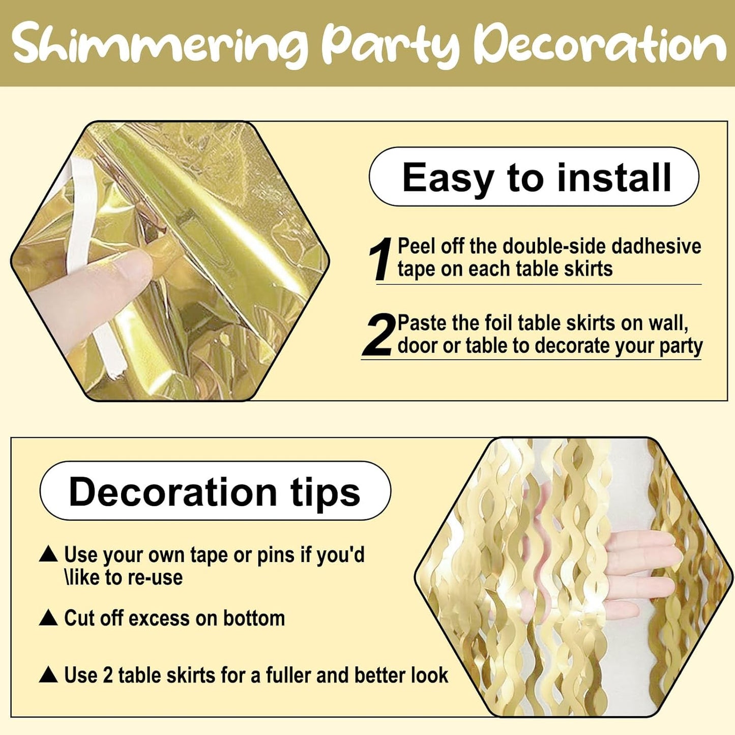 6 Pack 29 x108 Inch Light Gold Wave Foil Fringe Table Skirts Metallic Banner for Tinsel Streamer Garland Backdrop for Parade Floats, Mother's Day, Easter, Wedding, Birthday Party Decoration