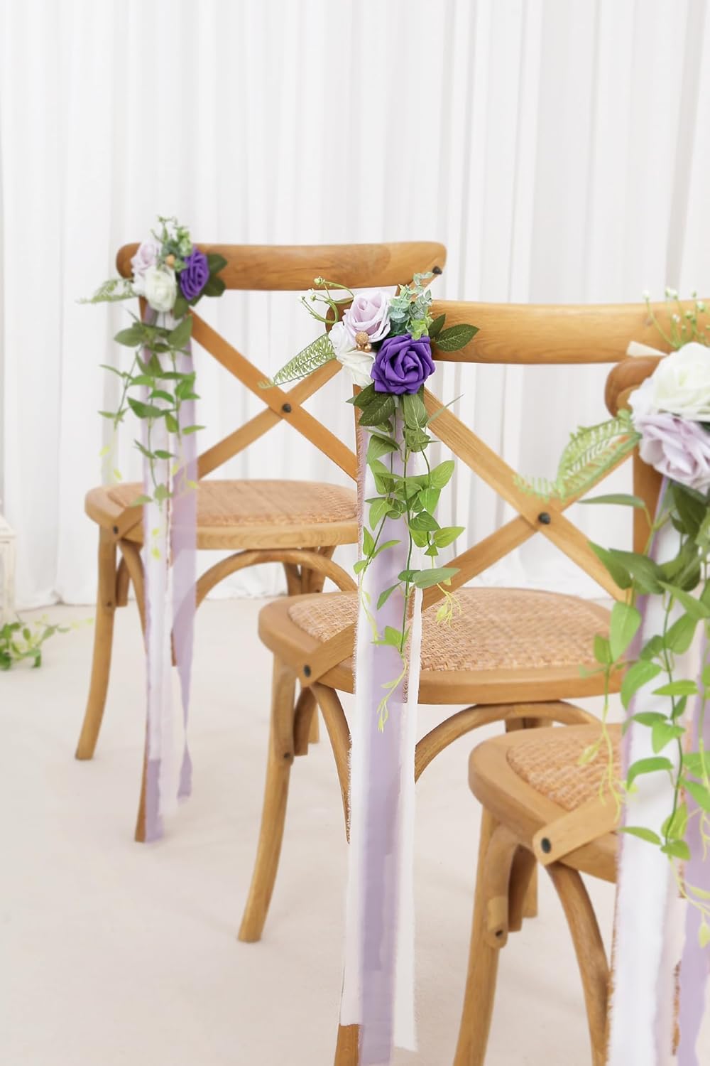 DORIS HOME Wedding Chair Decorations Purple Pew Flowers Set of 10 for Wedding Ceremony Party Aisle Decor with Artificial Flowers Eucalyptus and Ribbons