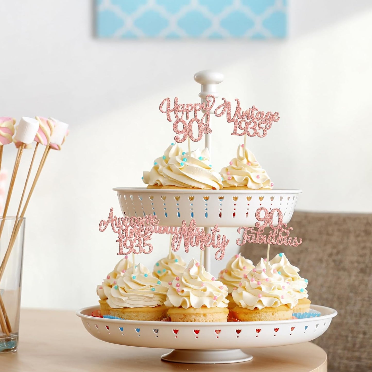 30Pcs Vintage 1935 Cupcake Toppers Glitter Ninety 90 Fabulous Happy 90th Birthday Cupcake Picks Awesome Since 1935 Cake Decorations for 90th Birthday Anniversary Retirement Party Supplies Rose Gold