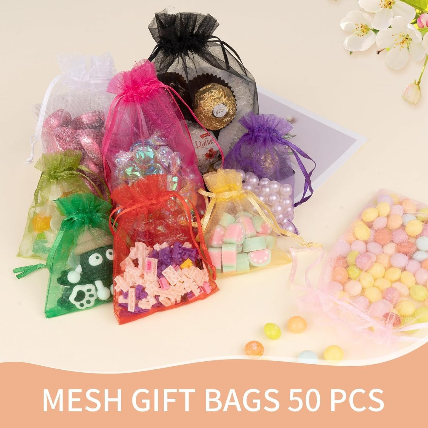 50 Pcs Pink Organza Bags 3x4 Inch, Jewelry Pouch Bags Small Mesh Bag Drawstring Gift Goody Bag for Candy Party Favor Wedding