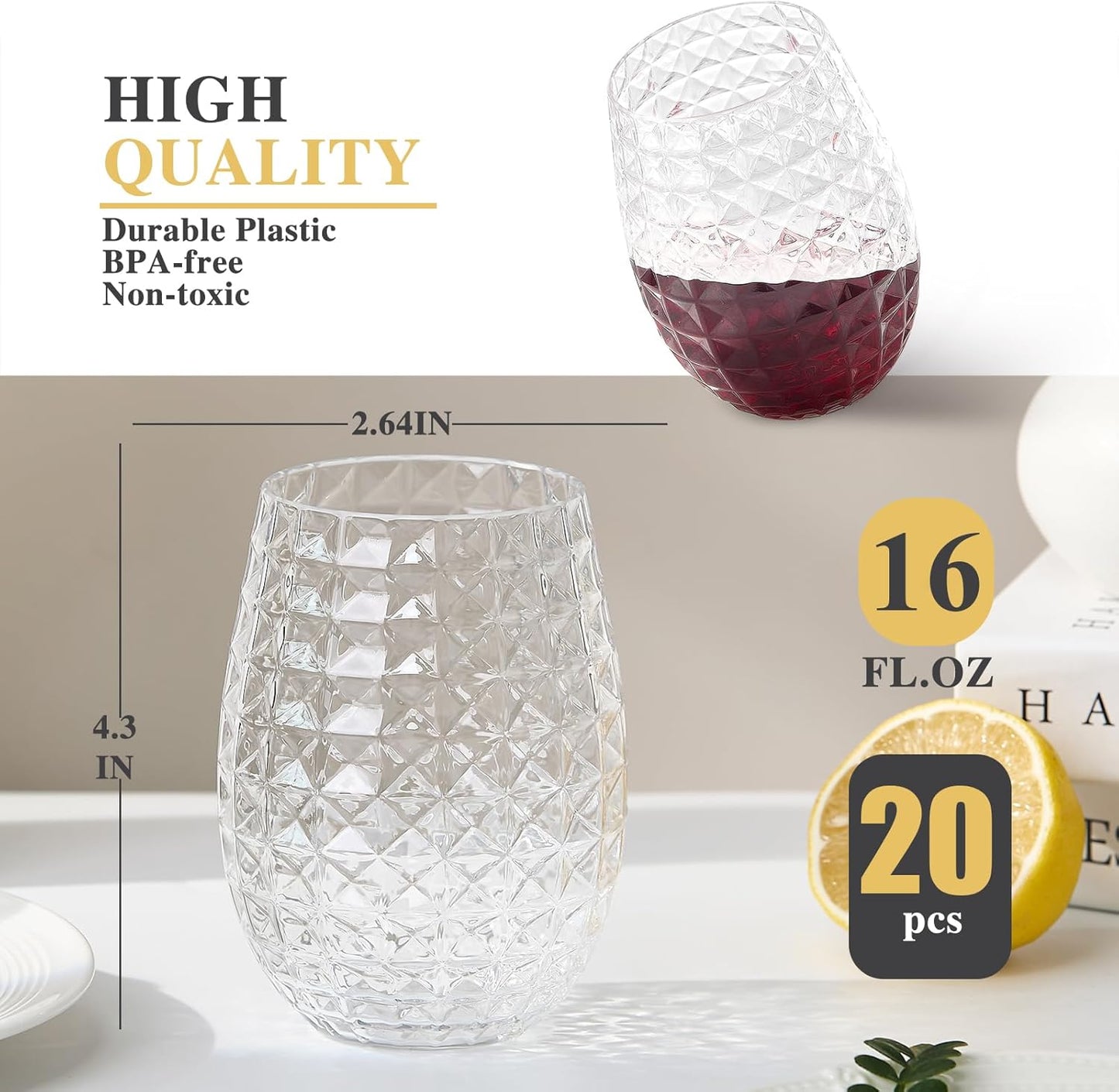 20 Pack Plastic Wine Glasses, 16Oz Disposable Wine Glasses Unbreakable Clear Plastic Cocktail Glasses Recyclable Shatterproof Reusable Wine Cups (16oz-20pack)