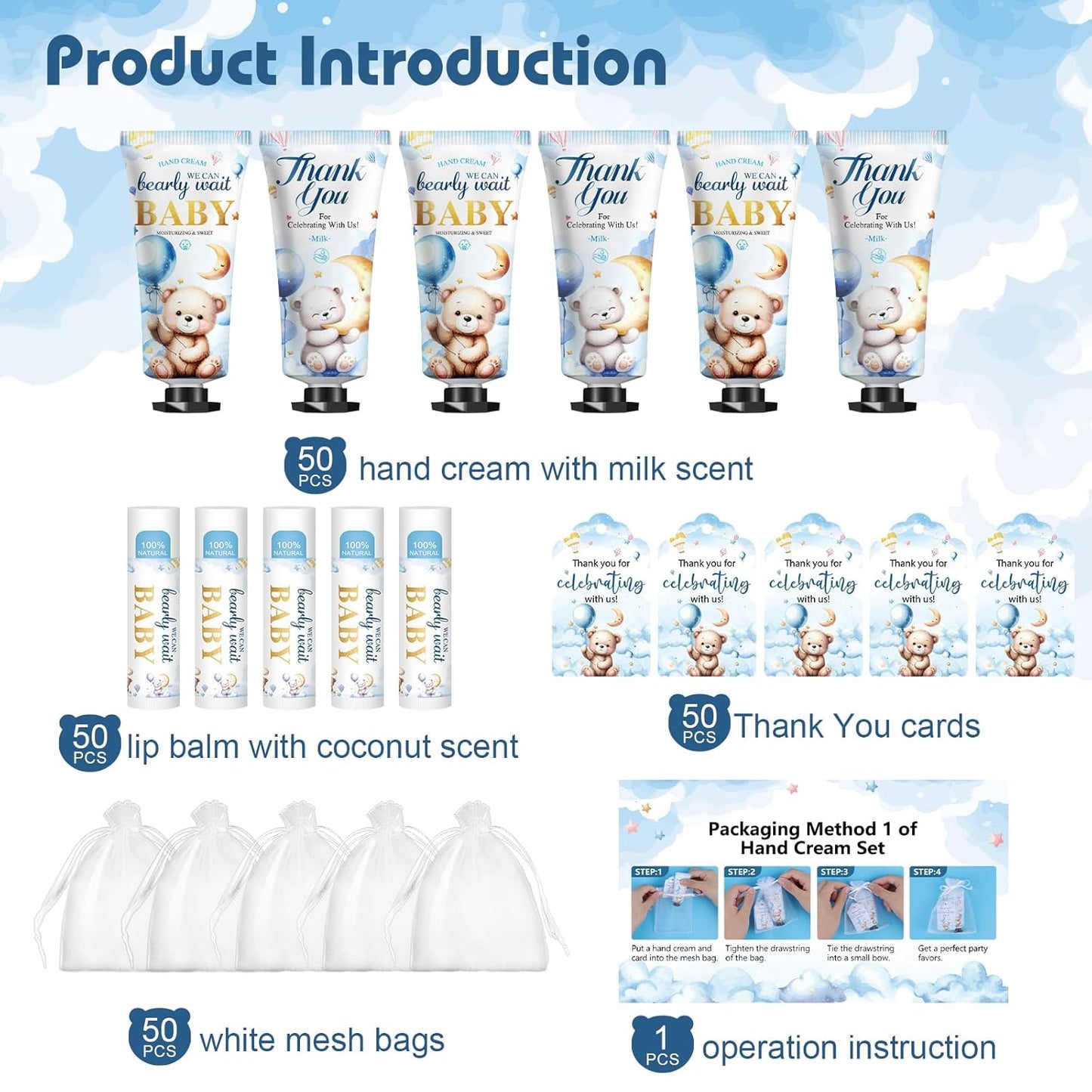 50 Pack Lip Balm and Hand Cream Bulk Gifts Sets, Baby Shower Party Favors and Bridal Shower Favors for Guests with Thank You Card and Organza Gift Bags, Thank You Gifts Bulk, Baby Shower Prizes (Bear)