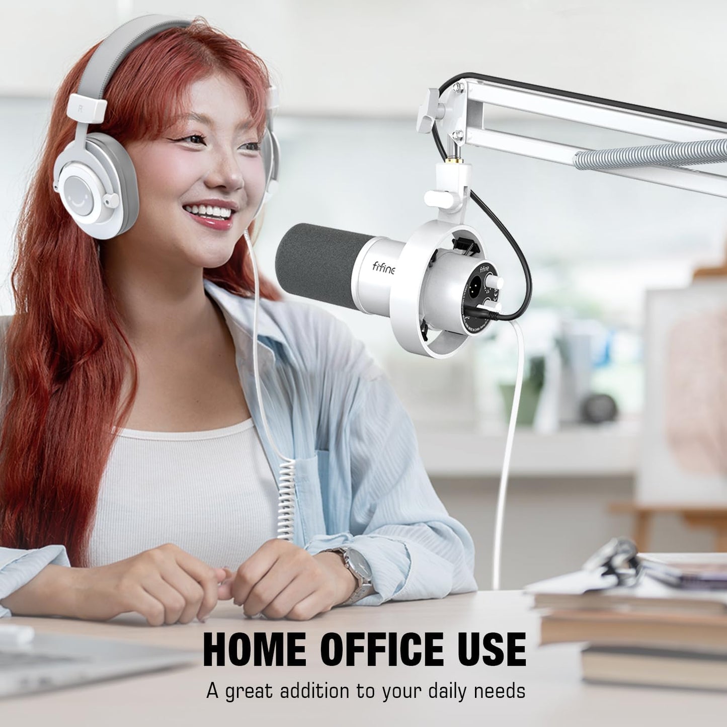 FIFINE Microphone Boom Arm, Suspension Mic Arm Stand with Mount Clamp, Metal Scissor Mic Stand with 3/8" to 5/8" Adapter for Home Studio Recording Podcast Gaming-CS1 White