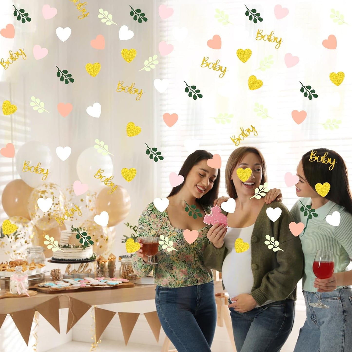 200PC Greenery Baby Shower Confetti Pink and Sage Green Baby Shower Decorations for Girl Eucalyptus Hearts Table Scatters for Its a Girl Party Decor Supplies