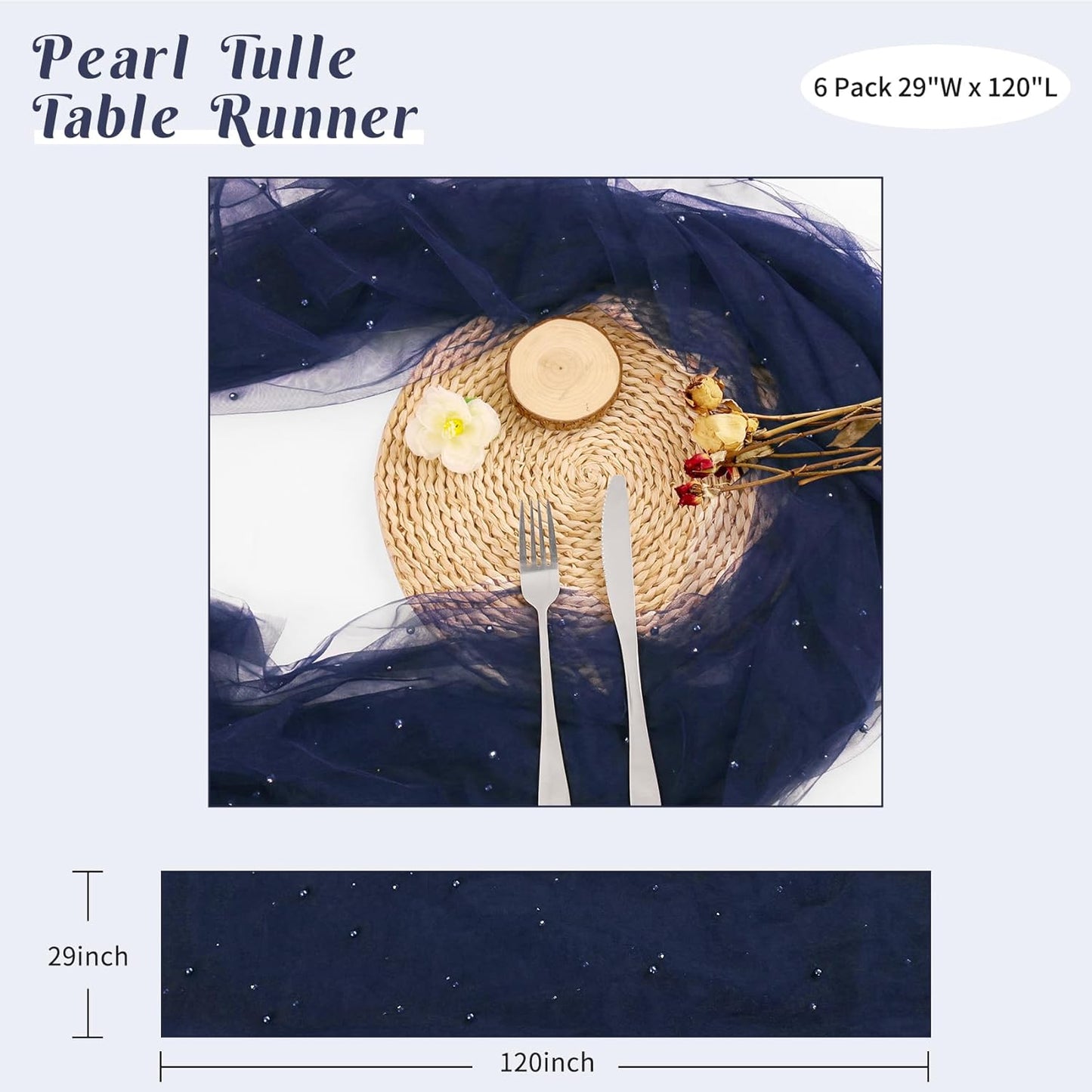 Set of 6 Pearl Table Runner 29 x 120 Inch Tulle Fabric Lace Table Runners Boho Rustic Tablecloth for Bridal Shower Birthday Party Wedding Arch Aisle Veil Dessert Table Decor(Navy Blue)