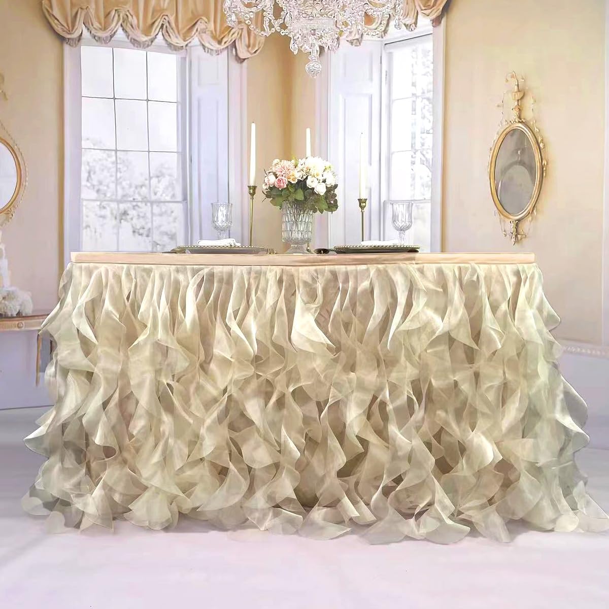 Luxury Organza Mesh Table Skirt Draping Floating Romance - Perfect for Bridal Showers, Birthday Weddings - Clear Flowing Decoration for a Wonderful Main Cake Table (Champagne-6ft, 72" L×30" H)