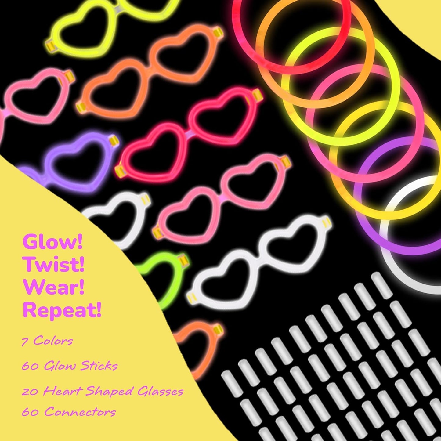ArtCreativity Glow in the Dark Bracelets and Glasses - Includes 20 Heart-Shaped Frames, 60 Glowsticks, and 60 Connectors - Glow in the Dark Party Supplies in Assorted Colors - Glow Party Favors