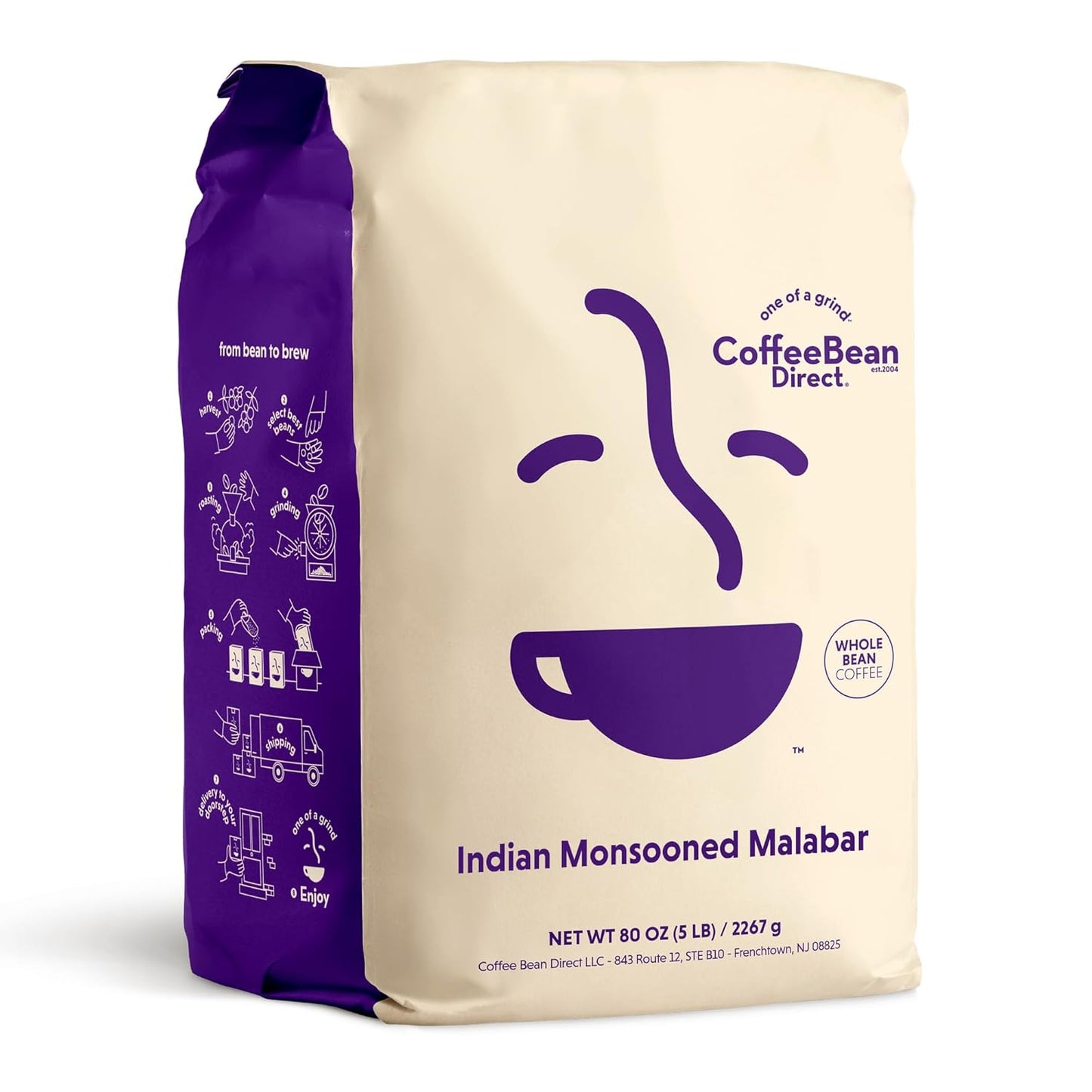 Coffee Bean Direct Indian Monsooned Malabar, Whole Bean Coffee, Arabica Coffee, Light Roast, 5 Pound Bag (Pack of 1)