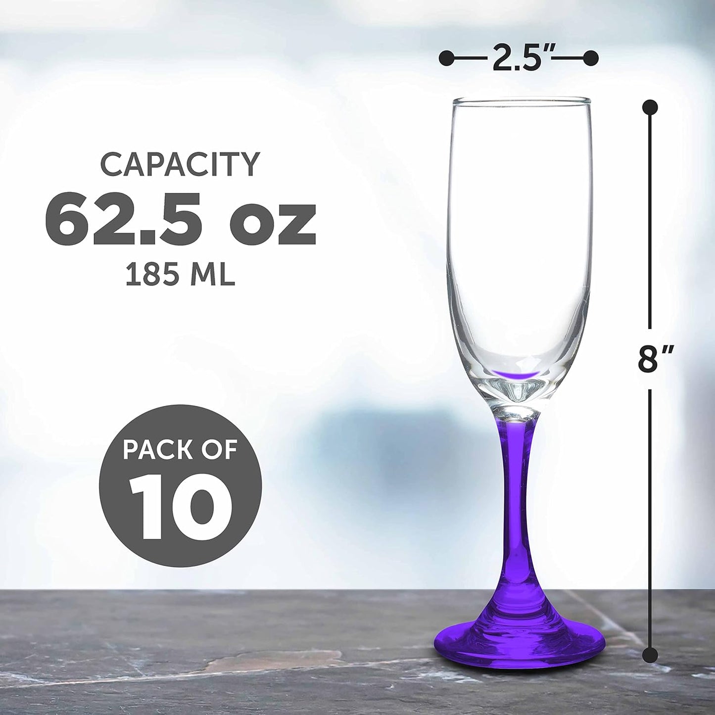 DISCOUNT PROMOS Premiere Champagne Flutes 6.25 oz. Set of 10, Bulk Pack - Elegant Drinkware for Weddings, Events, & Promotional Gifts - Purple