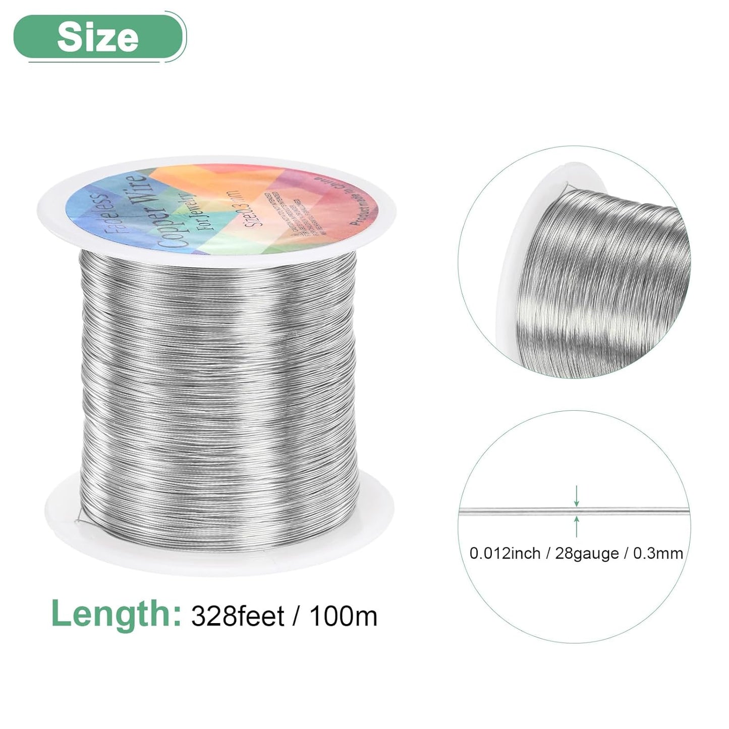 0.3mm Jewelry Wire, 28 Gauge 328FT Craft Wire Copper Beading Wire for Jewelry Making/Planting/Weaving/DIY Crafting, Soft Metal Wires [100M, Silver White]