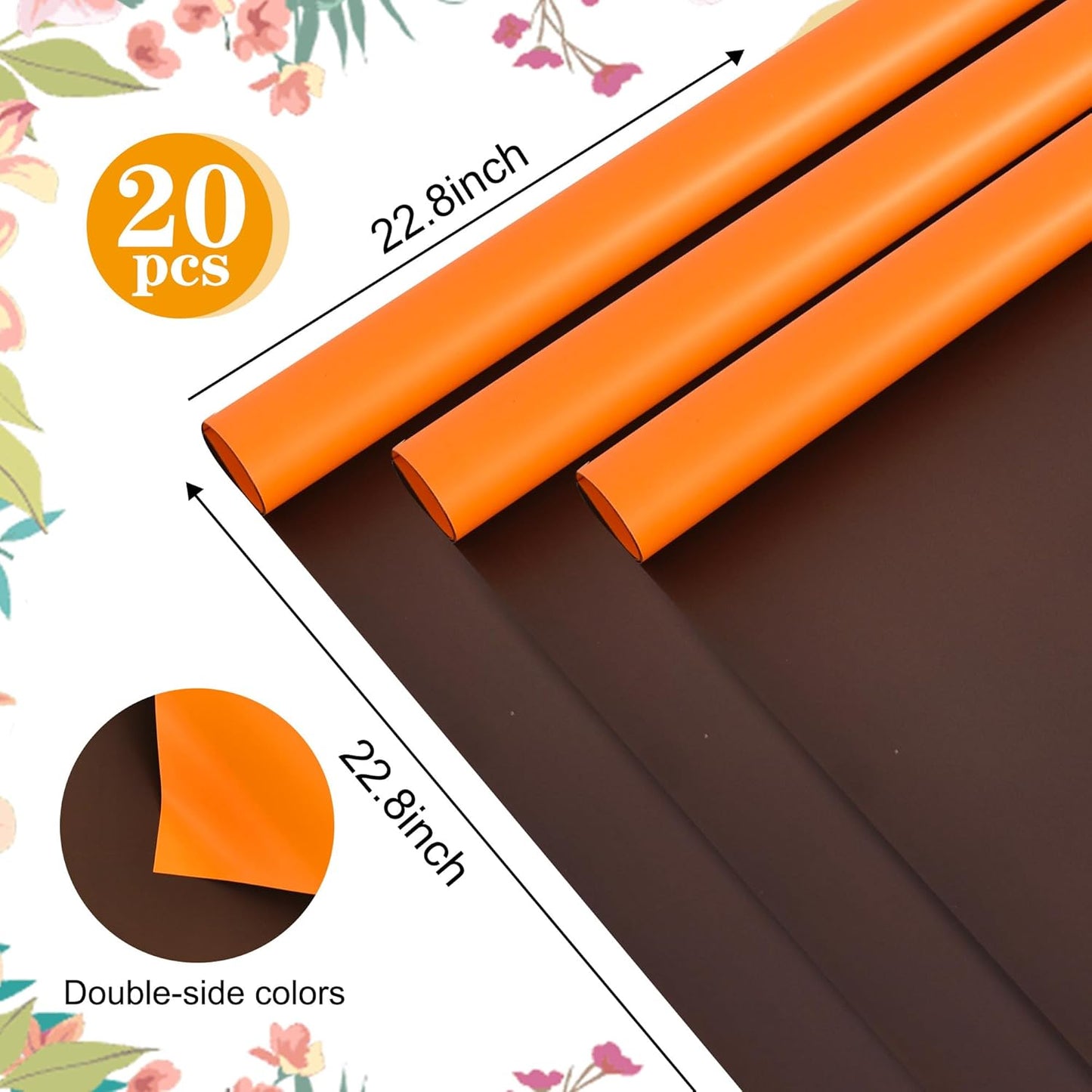 BEISHIDA 20Pcs Orange and Brown Double Sided Floral Wrapping Paper Matte Waterproof Flower Bouquet Wrapping Paper for Floral Wrap Florist Packing Supplies Birthday Valentine's Christmas Gift Wrapping