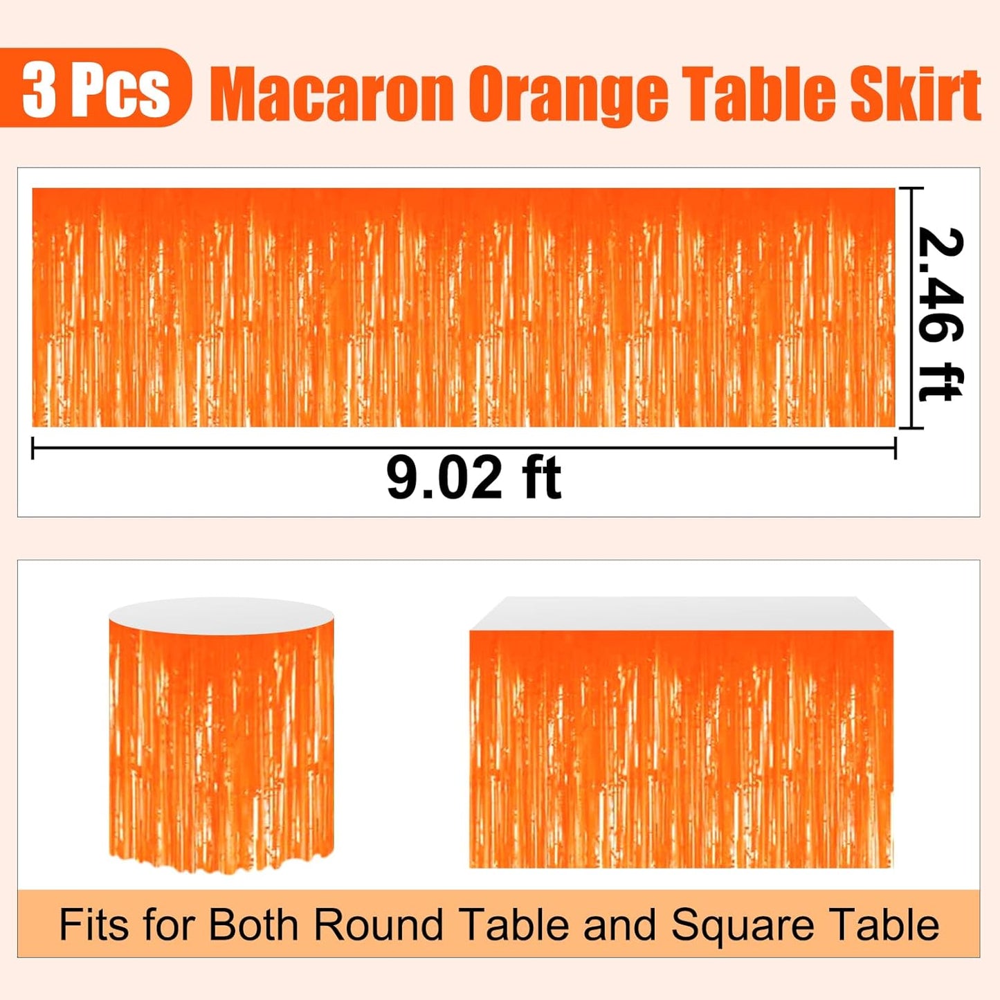 3 Pack 29 x108 Inch Macaron Orange Foil Fringe Table Skirts Metallic Banner for Tinsel Streamer Garland Backdrop for Parade Floats Wedding Thanksgiving Birthday Christmas New Year Party Decoration