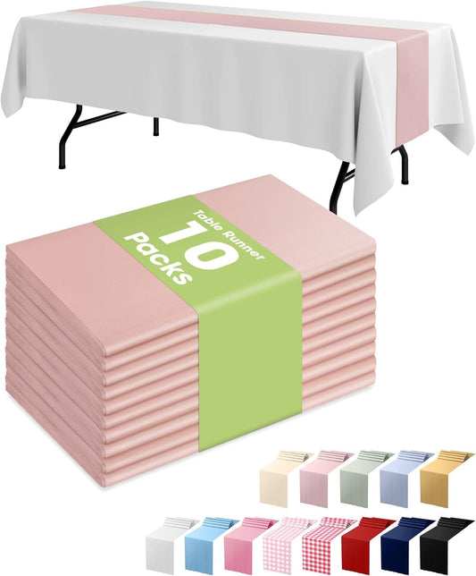 Pureegg Dusty Pink Plastic Table Runners - 10 Pack, 14'' x 108'', Water Resistant & Disposable Centerpiece Decorations for Table Cloth, Wedding, Birthday, Holiday, Baby Shower, Party, Home Decor
