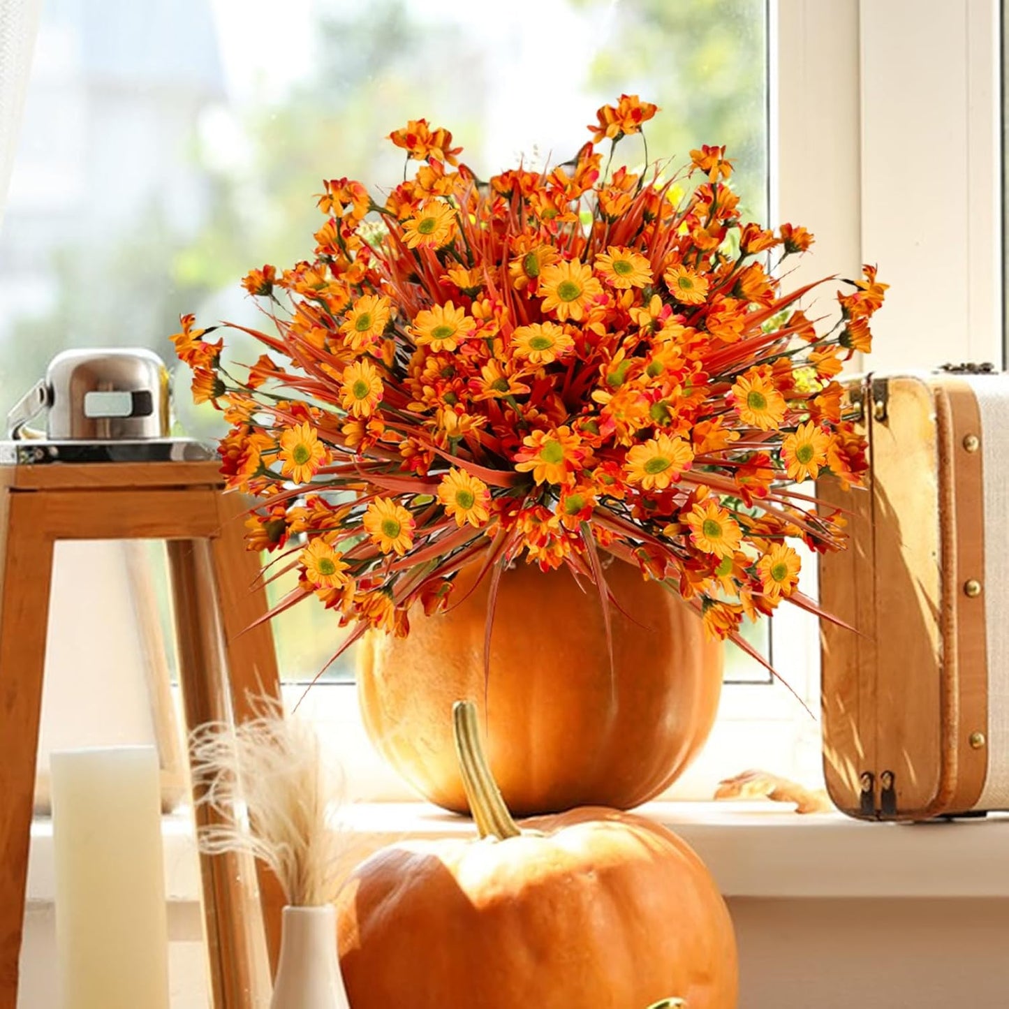 Fake Mums Fall Flowers Artificial for Decoration, 12 Bundles Faux Plants Silk Orange Flowers Realistic UV Resistant for Outdoors Planter Porch Garden Balcony Patio Window Box