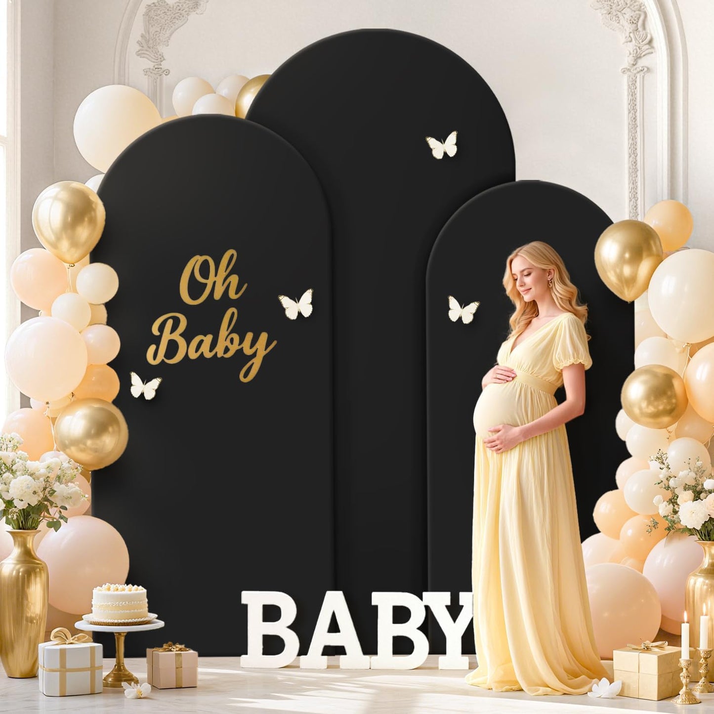 FOTSHARER Wedding Arch Backdrop Stand and Black Arch Covers Stretchy Backdrop Set of 3 (7.2FT, 6.6FT, 6FT) Metal Arched Stand with Spandex Arch Covers for Graduation Ceremony Bridal Shower Event Decor