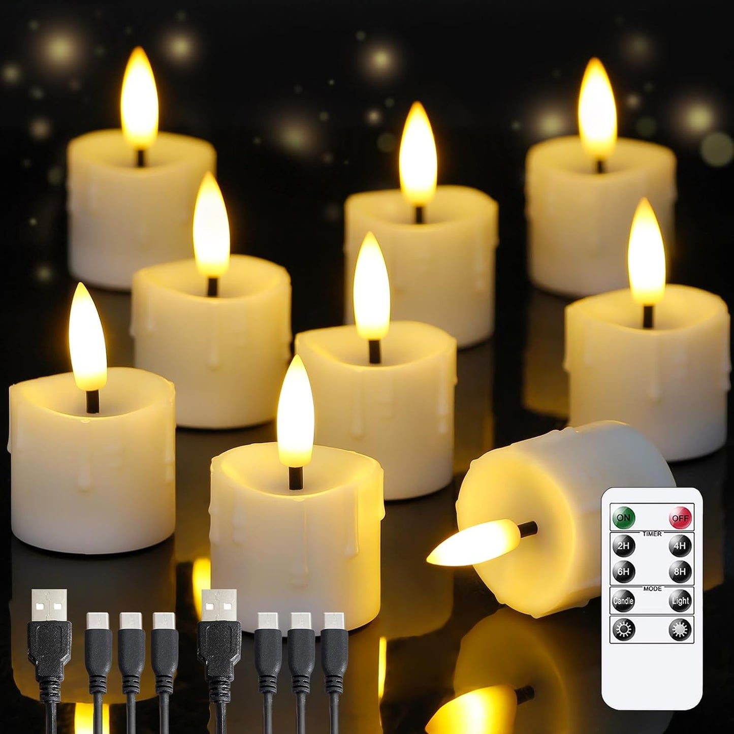 Rechargeable Flameless 1.6" x2.5" Tea Light Candles with Remote & Type-C Charging Cable, Timer LED Flickering White Plastic 9pcs Mini Dripping Wax Votive Tealight Candles