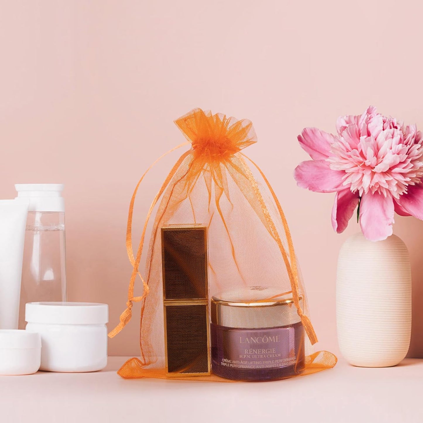 50 Pack Orange Organza Bags 3x4 Inch, Mesh Drawstring Bags Small Gift Bags Candy Bags Party Favor Bags for Halloween Birthday