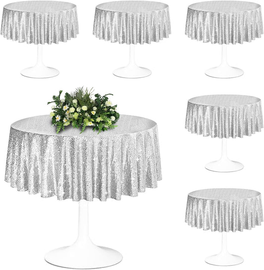 6 Pcs Silver Sequin Tablecloth 50Inch Silver Round Tablecloth Overlay Round Table Cloth Silvers Glitter Tablecloth Round Sparkly Drape Tables Cloth for Wedding Party Cake Holiday Banquet