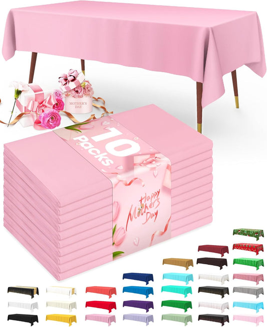 Pureegg Plastic Table Cloth Disposable 10 Pack, 54 x 108 Inch Table Cloths, Easter Party, Valentines, Mothers Day Decorations, Tablecloths, Rectangle, Pastel Plastic Cover, Leakproof & Sturdy, Pink