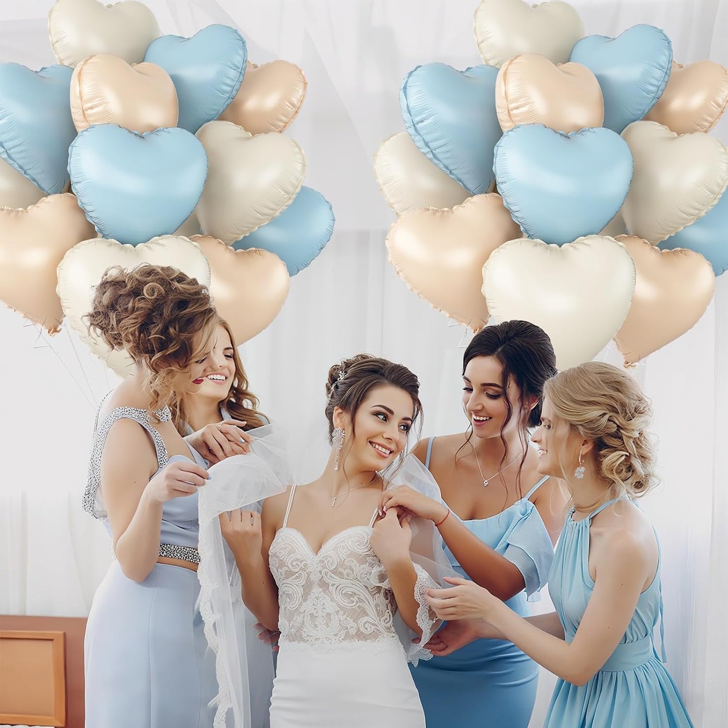 Blue Cream White Heart Balloons,12Pcs 18Inch Baby Blue Beige Apricot Nude Heart Shaped Foil Helium Polyester Film Balloons for Baby Shower Birthday Anniversary Wedding Engagement Party Decorations