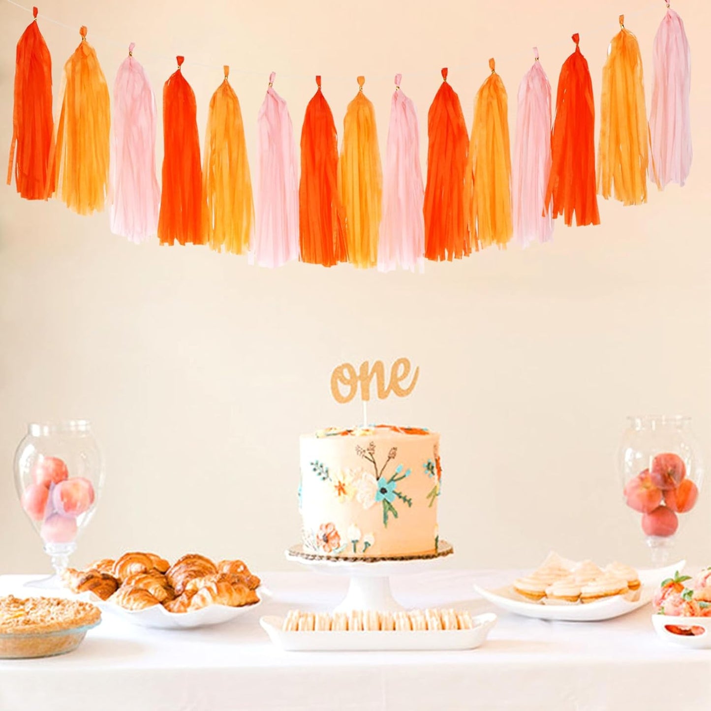 Pink-Orange Groovy Party-Decorations Tassel-Garland - 15pcs Fall Autumn Thanksgiving Harvest Tassels, Birthday Baby Bridal Shower Engagement Wedding Decor Panduola