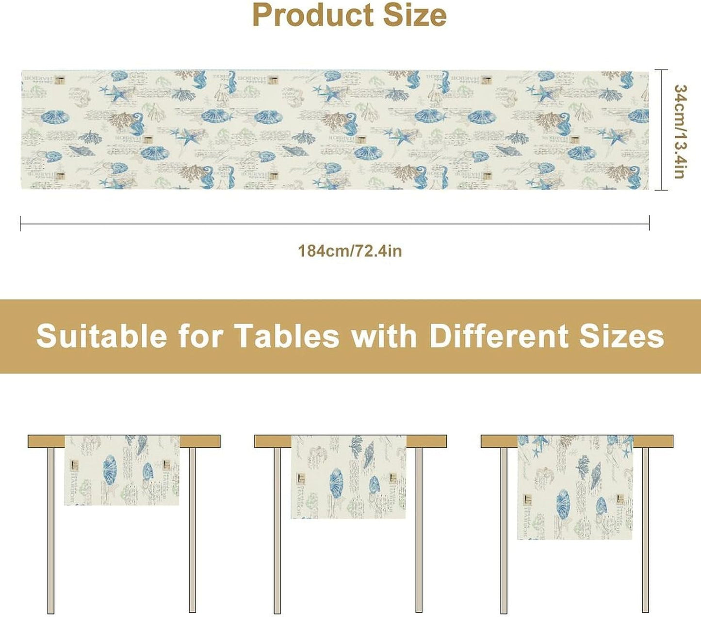 Starfish Table Runner,Vintage Nautical Seashell Tropical Beach Theme Coastal Ocean Sea Burlap for Hotel Indoors Outdoor Dining Room Kitchen Tablecloth, 13x60in