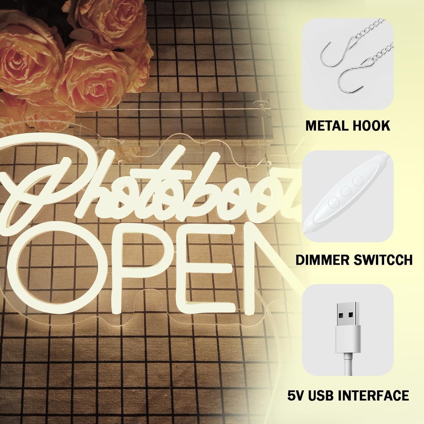 PhotoBooth Neon Sign for Wall Decor Dimmable Photobooth Neon light with USB Open Neon Light Office Open Sign Neon Decor Wedding Reception Sign