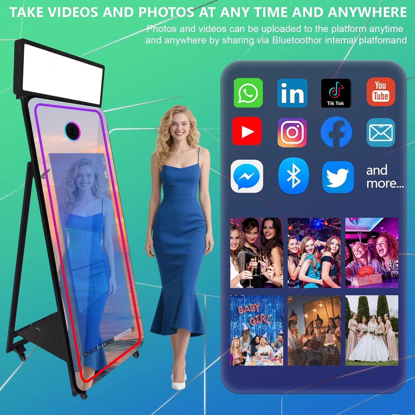 65''Magic Mirror Photo Booth Machine,Mirror Photo Booth 43''Touch Screen,Photo Booth with Flight Case,App Control,RGB Light for Wedding Party Events (Black, Machine+Camera)