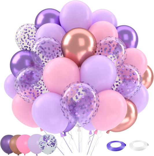 Patimate Purple and Pink Balloons Set, 50 pcs 12 inch Metallic Rose Gold Purple Pastel Pink Purple Confetti Latex Balloons Kit for Girl Birthday Baby Shower Wedding Party Decorations