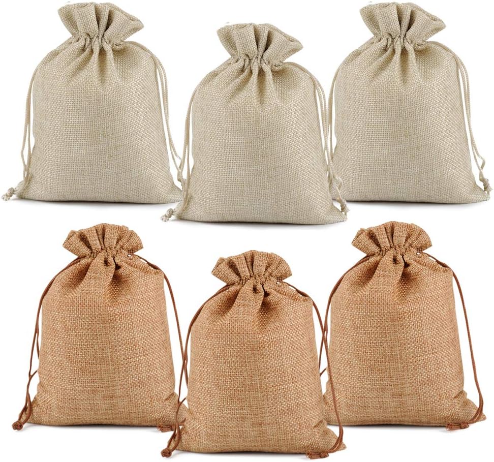 Lucky Monet 25/50/100PCS Burlap Gift Bags Wedding Hessian Jute Bags Linen Jewelry Pouches with Drawstring for Birthday, Party, Wedding Favors, Present, Art and DIY Craft (50Pcs, Coffee, 7” x 9”)