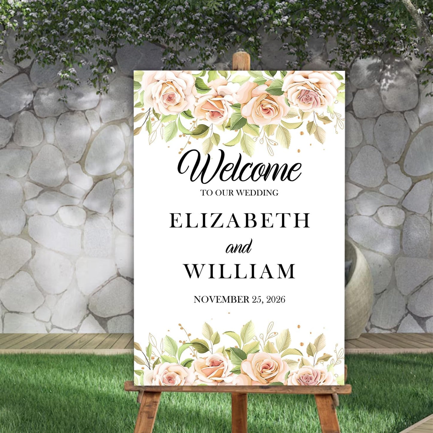 Gentle Pink Rose Wedding Welcome Sign, Minimalist Floral Template, Editable Printable Sign for Ceremony or Reception