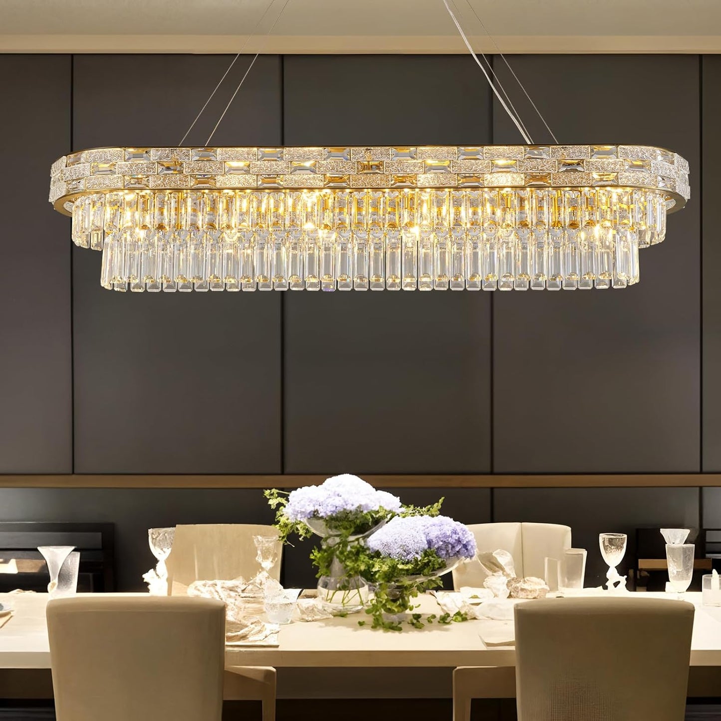 Crystal Chandeliers, 49.2" 18-Light Gold Chandelier for Dining Room, Rectangular Chandelier for Kitchen, Living Room Chandeliers, Island Lights Hanging Lights Dimmable