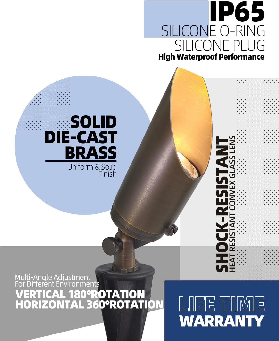 MALORY Brass Landscape Spotlight 1-Pack with 5W LED MR16 Bulb Kit(S03), 12V AC/DC Low Voltage Outdoor Landscape Lighting Shroud Adjustable,Ground Stake and Wire Connector Included,2700K Warm White