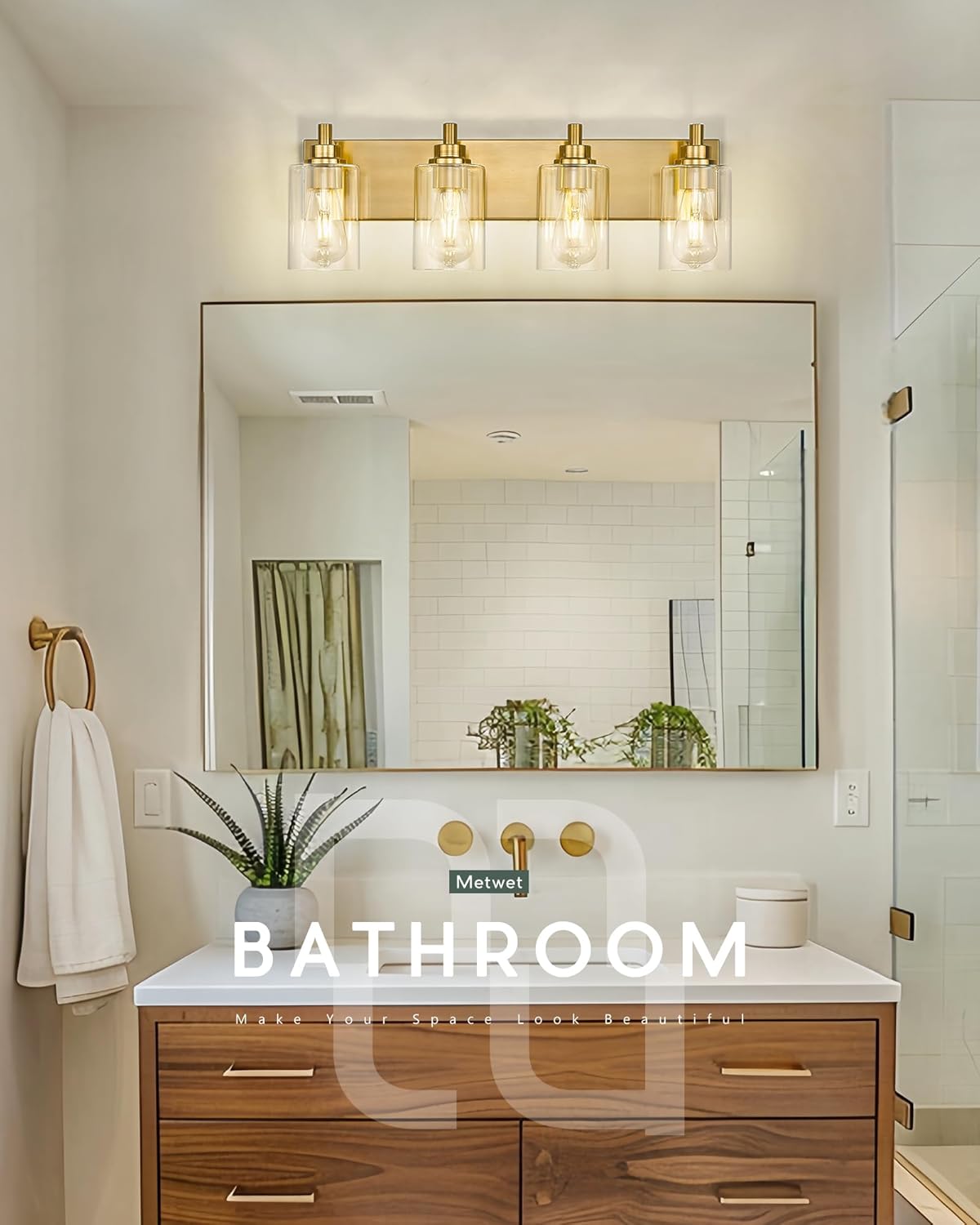 4-Light Bathroom Light Fixtures, Brushed Gold Vanity Light with Cylinder Clear Glass Shade, Modern Vanity Lighting Fixtures Over Mirror, VL143-BG-4
