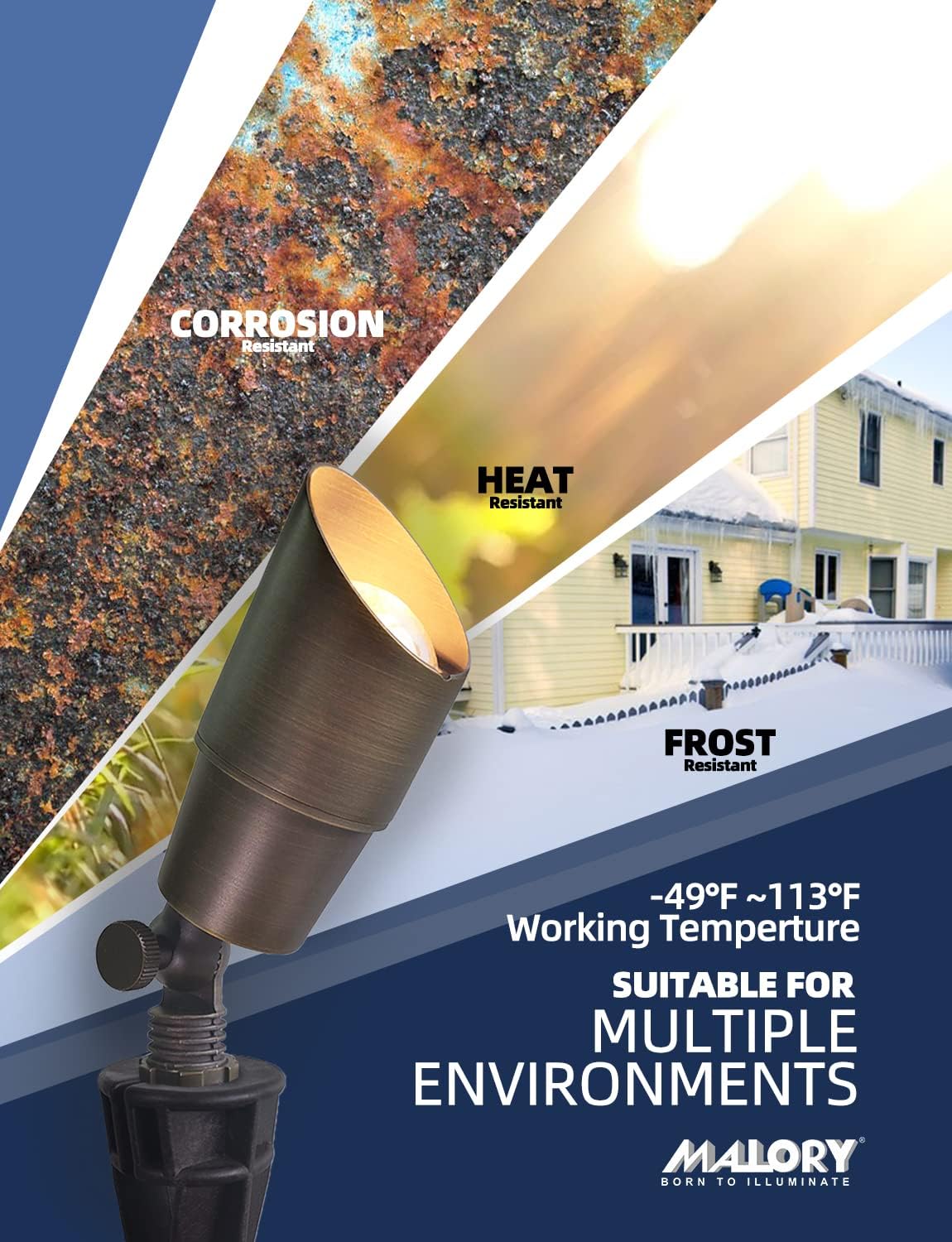 MALORY Brass Outdoor Spot Lights 1 Pack Without Bulb Kit(S01),12V AC/DC Low Voltage LED Landscape Lighting,Outdoor Lights for Patio, Garden and Yard with Ground Stake and Wire Connector