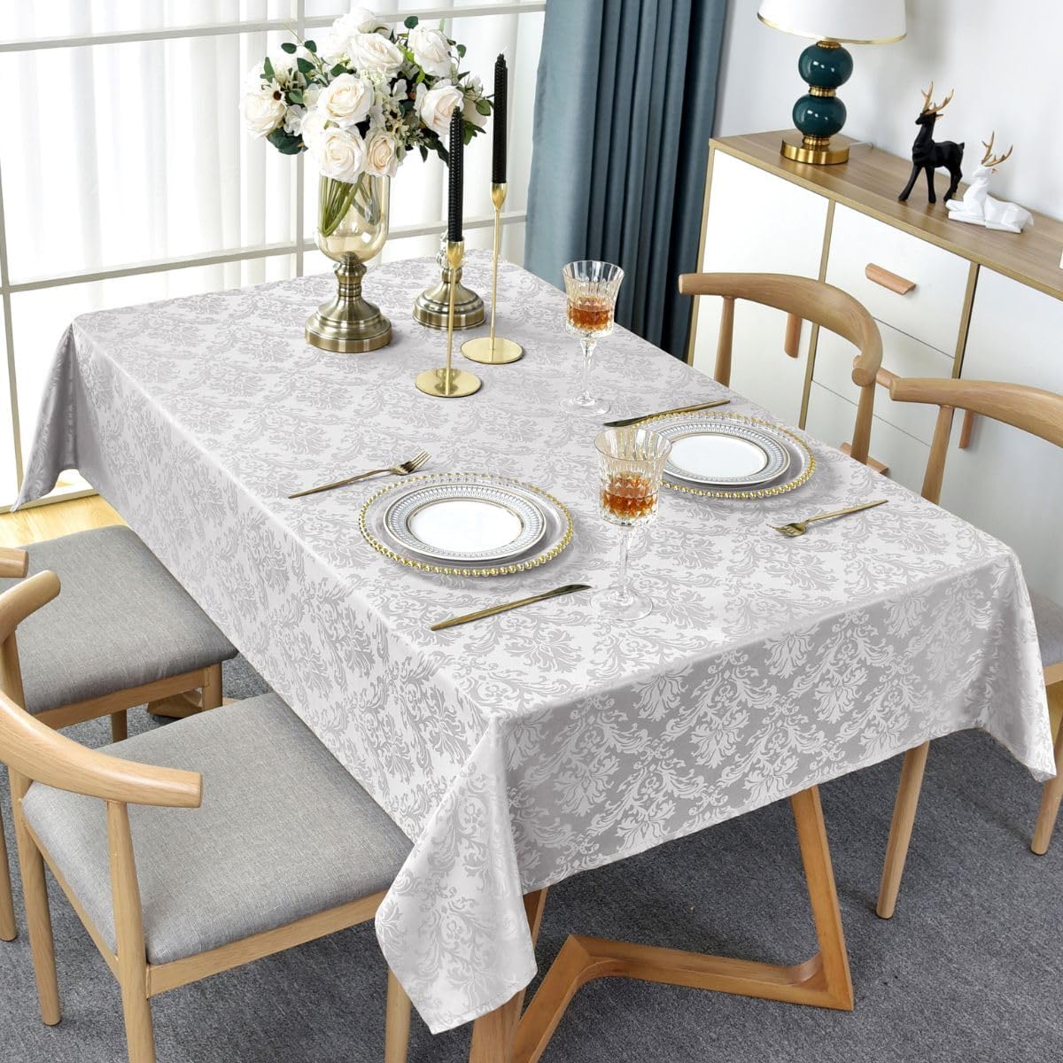 Jacquard Tablecloth Rectangle for Table, Waterproof & Non Slip Fabric Table Cloth for Dining Tables, Parties and Buffet Decorative Tables Cover, 60 x 84 Inch Grey