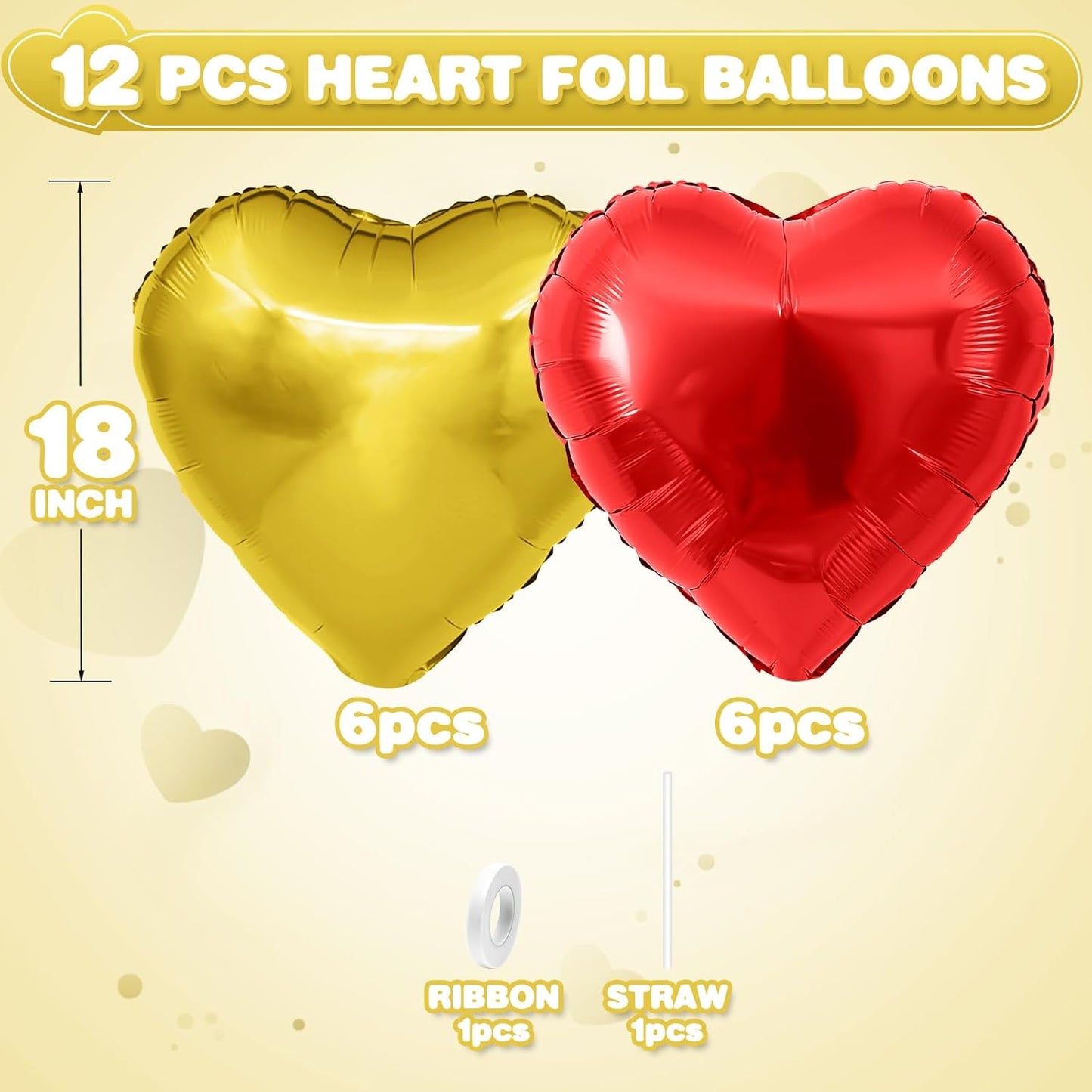Red Gold Heart Balloons,12Pcs Red Heart Shaped Foil Balloons,18Inch Gold Helium Polyester Film Balloon for Baby Shower Birthday Anniversary Wedding Party Decorations