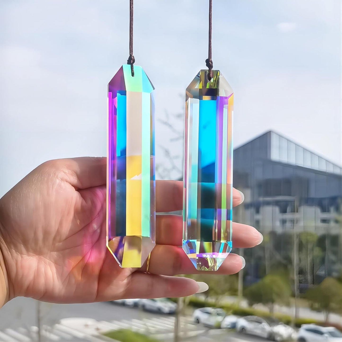 HDCRYSTALGIFTS 2PCS 5" Large Crystal Sun Catcher Prisms for Windows Indoor, AB Colored Hexagone Hanging Crystals Suncatchers, Rainbow Maker for Christmas,Patio,Chandelier,Garden Ornaments