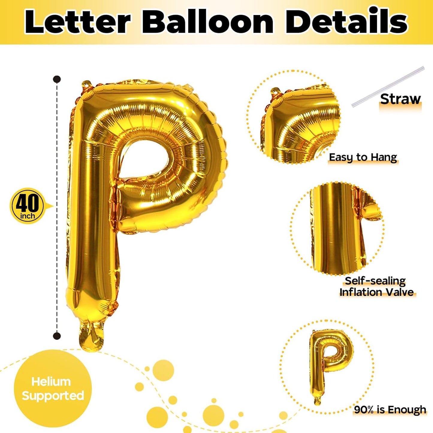 Giant P Alphabet Balloon Letters, Gold Self Inflating Custom Letter Balloons Birthday Decor, 40 Inch Helium Mylar Foil Name Word Balloons for Girls Men Anniversary Party Graduation Decoration Supplies