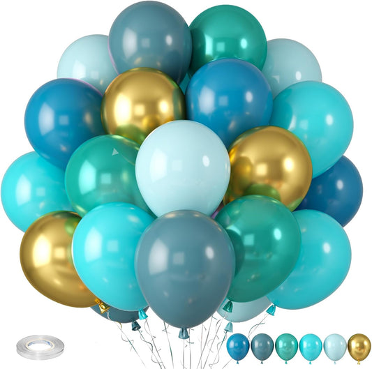 Teal Blue Balloons, Turquoise Balloons Macaron Teal Blue Balloon, Peacock Blue Retro Sea Blue Metallic Gold Balloon for Birthday Baby Shower Wedding Summer Beach Party Decoration