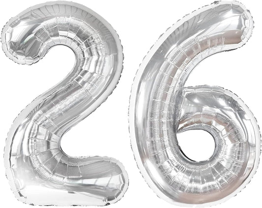 40 Inch Silver Mylar Foil Number 26 Birthday Balloon, Digital Balloons for 26 Boy Girl Party Decorations Supplies, Big Helium Balloon Numbers for 26 Men Women Anniversary
