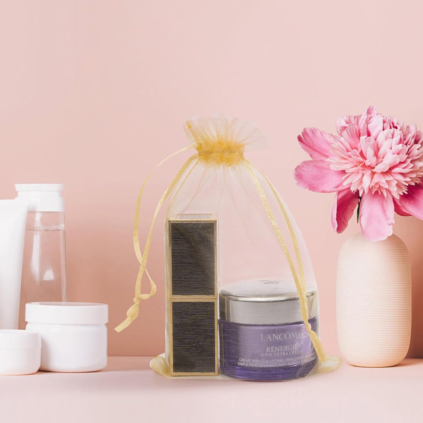 Organza Bags 5x7 Inch 50 Packs Mesh Gift Bags Drawstring Sachet Bags for Party Favor Wedding Baby Shower(Gold)