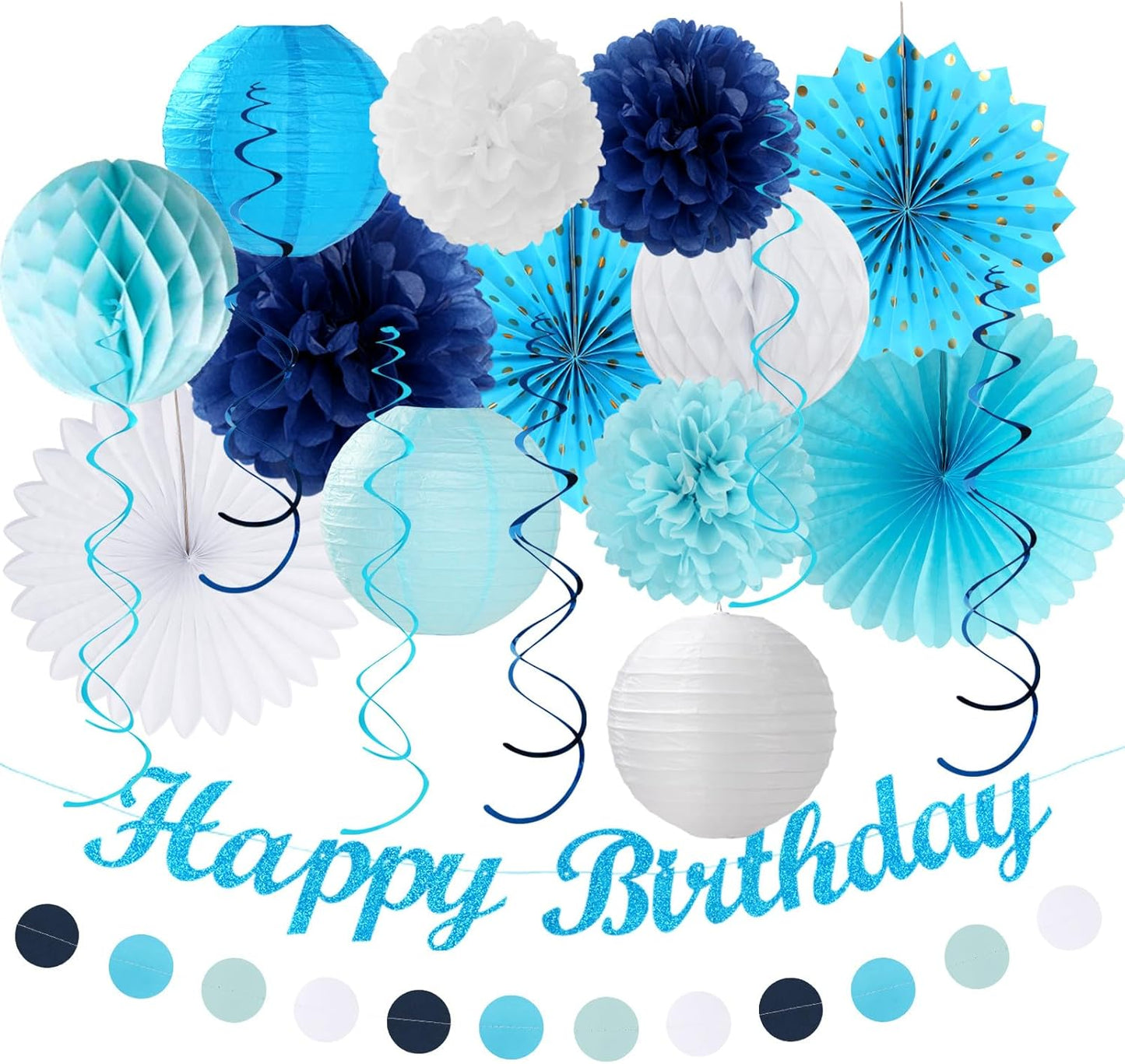 Light-Royal Blue White Birthday Party-decorations - 21pcs Boys Men Ocean Happy Banner,Navy Dusty Paper Streamers Lanterns Honeycomb,tissue Pom Poms Fan,Nautical Adult Garland Supplies Decor Huglony